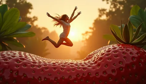 A girl jump on a strawberry bed 