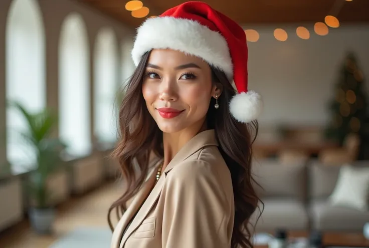 Half-length portrait of a stylish businesswoman in a Santa hat, neutral-toned outfit with minimalist jewelry. Cozy warm color pa...