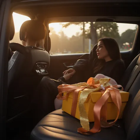 One gift box in the back seat of the car, next to the child's car seat