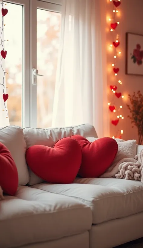 a cozy romantic living room with white sofa, red heart pillows, warm fairy lights hanging with small red hearts, soft daylight c...