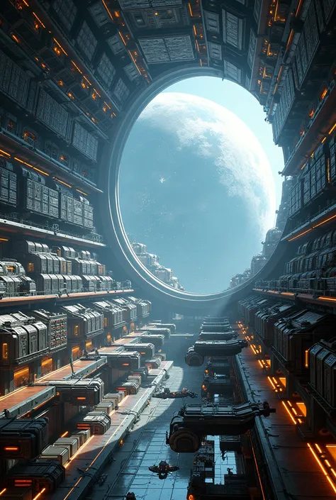 A massive interior view of an interstellar starship's transparent dome. The inner curved walls of the dome are lined with thousa...