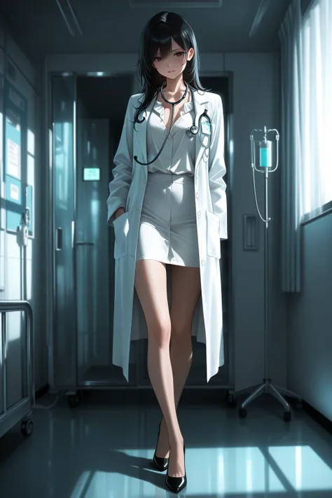 highly detailed anime style, beautiful young female doctor standing in a modern hospital, wearing a short white lab coat loosely...