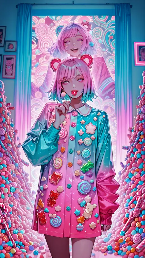 A cinematic high-quality photo of a woman in a room filled with colorful candies. She is wearing a creative uniform made entirel...
