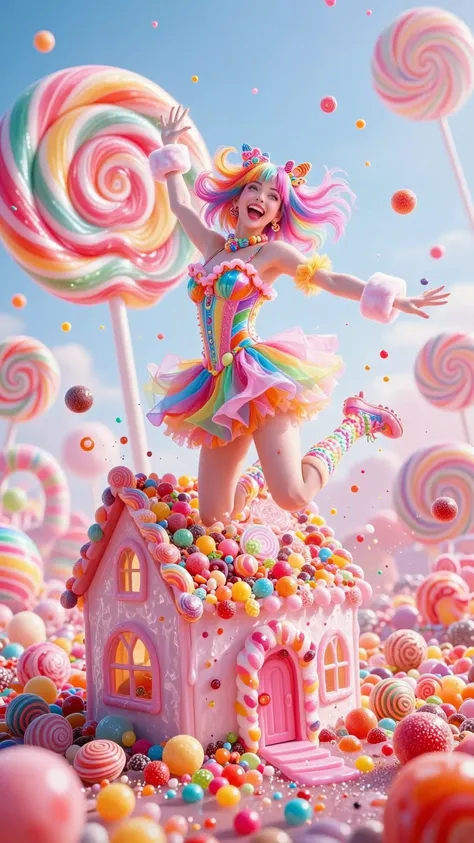 pipicg,overload sweets girl, multicolored hair with candy clips, mismatched candy outfit — lollipop skirt, gummy corset, marshma...