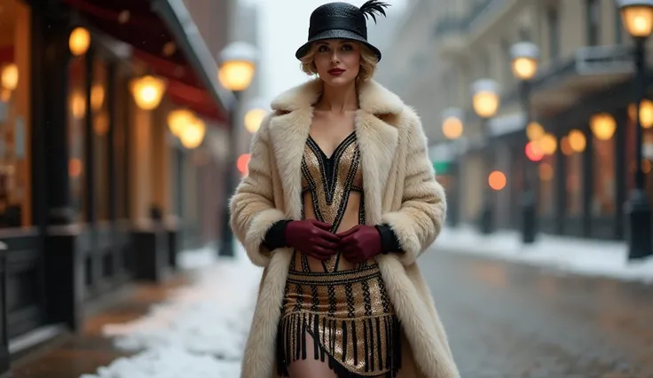 1920s winter flapper outfit: knee-length gold sequin Charleston dress with black fringe and Art Deco beading, layered under a lu...