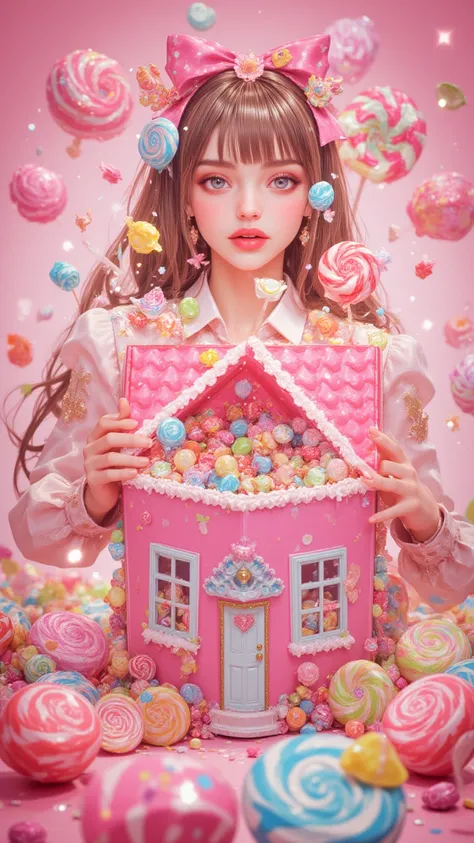 masterpiece, best quality, (2.5D rendering:1.3), 1girl, solo, (opening a house-shaped candy box:1.4), (mountains of candies and ...