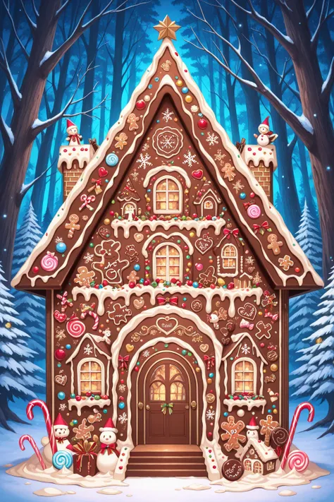 masterpiece, best quality, 1girl, solo, gingerbread house, candy walls, chocolate roof, icing decorations, candy canes, deep for...