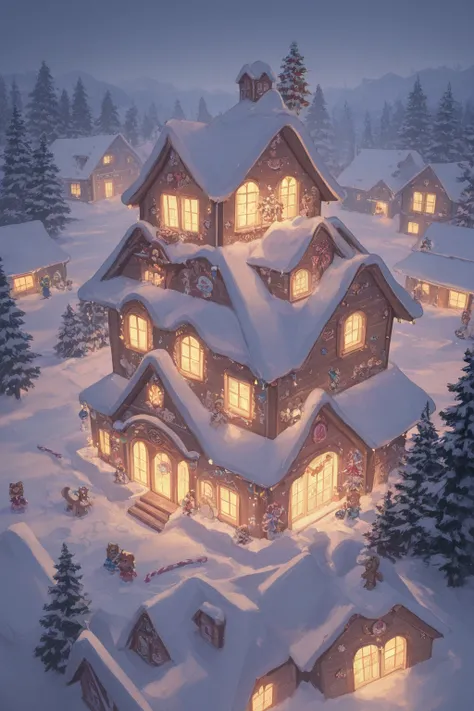 gingerbread house, made of brown gingerbread cookies, white icing on the roof like snow, walls decorated with colorful gumdrops ...