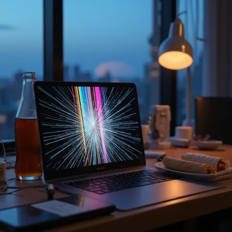 room laptop broken screen stripes on the screen down on the laptop laptop smartphone android smartphone on the table smartphone ...