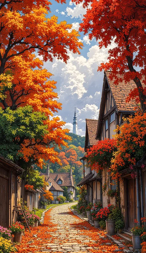 A cinematic, hyper-realistic digital painting of a charming European village street blanketed in autumn. A cobblestone path wind...