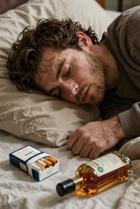 the monster on the bed is sleeping and smiling in his sleep. there are cigarettes and an alcohol bottle on the blanket