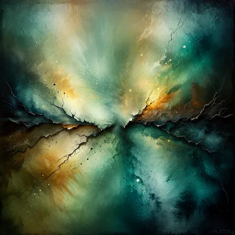 Square format 1600x1600. Figurative painterly background with ample free space at the top and bottom for titles. Central composi...