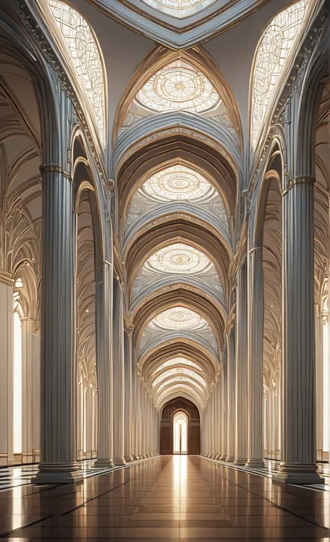 masterpiece, best quality, ultra detailed, perfect symmetrical composition, centered perspective, identical architectural elemen...