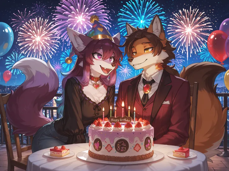 outdoor garden birthday party at night, "Feliz cumpleaños Guada" signs, balloons, decorated table, birthday cake with candles, f...