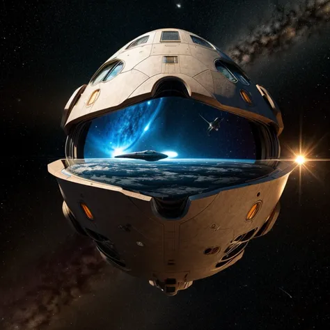 Spaceship with soft shapes in space. Using light colors.