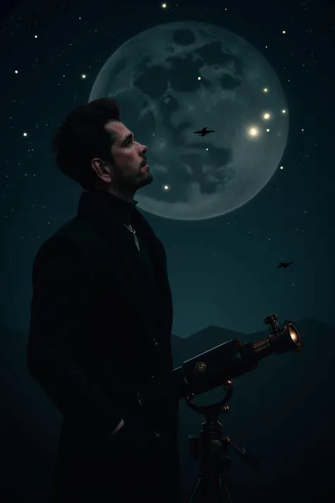 A handsome mystery man is looking for his mysterious star in the other galaxy with the telescope in the distance at night 