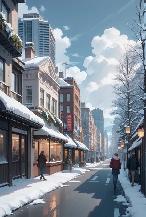 winter city street, urban scenery, cloudy sky, overcast, grey sky, cold atmosphere, buildings, bare trees, winter day, no snow, ...