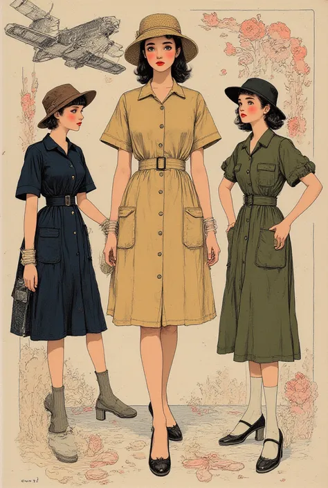A fashion illustration inspired by vintage style captures the essence of the war styles of the 1940s, Women's dresses with a foc...