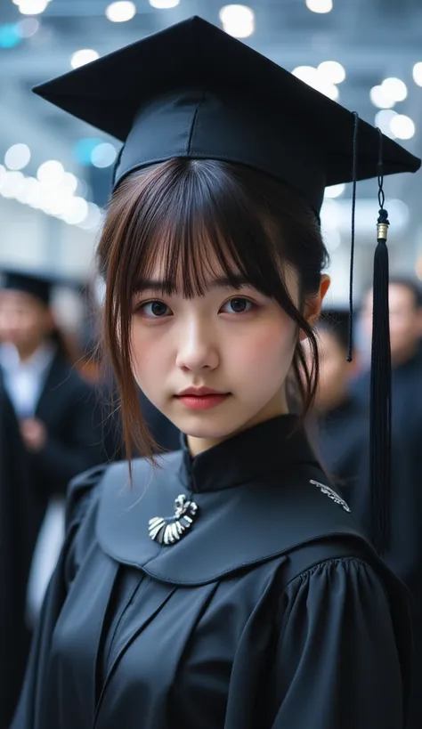 Futuristic graduation in high definition, character in the first person but with a visible and focused face, student wearing inn...