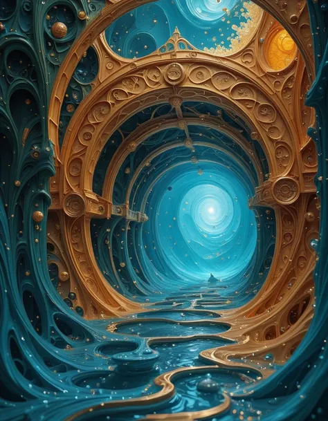 Surrealism maze bridge:  text show "The heart of man is very much like the sea, it has its storms, it has its tides and in its d...