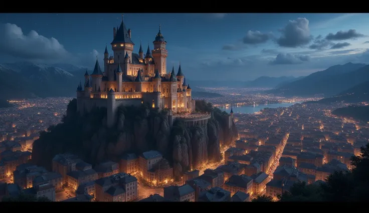 Aerial View of a magnificent luxurious royal castle on top of a hill over a stunning old city at night, masterpiece, realistic, ...