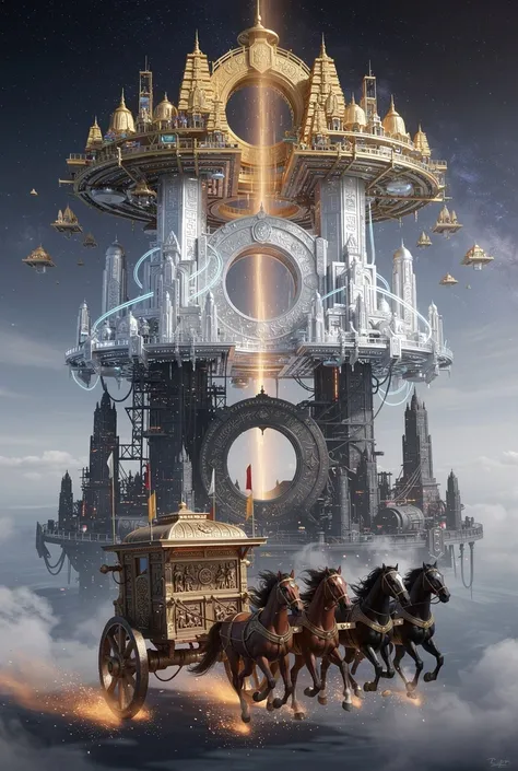 Ultra-realistic cinematic concept art of three colossal floating megacities aligned vertically in the sky, inspired by the myth ...