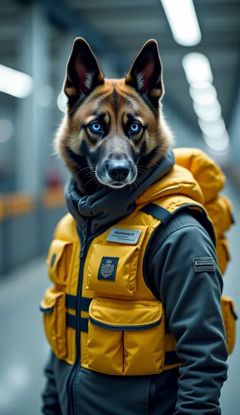 Fusion of a man and a blue-eyed Malinois wearing a defense vest with gray color in an industrial zone, portant l'insigne de la p...
