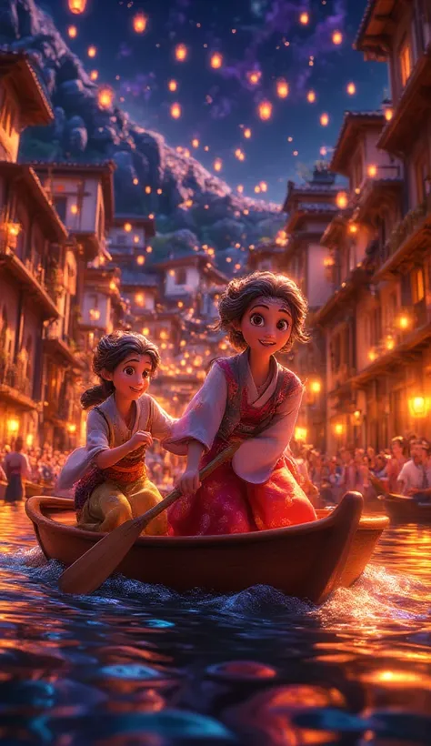 A mystical night river, with countless lanterns illuminating the surface of the water. Beautiful girls in the Japanese anime sty...