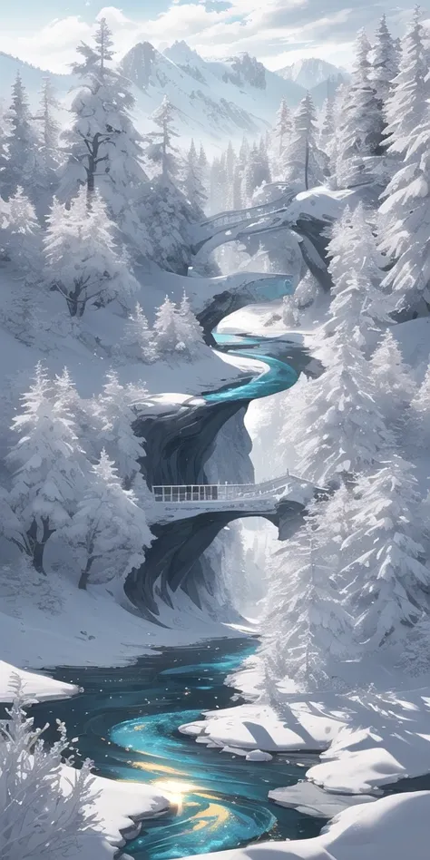 Minimalist landscape featuring a tranquil river flowing through a sparse forest of bare trees with a small hill visible in the d...