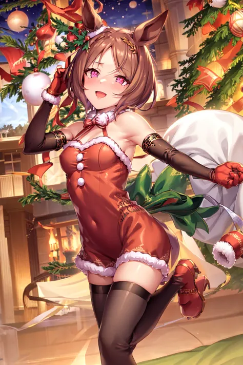 masterpiece, best quality,
sakura laurel (umamusume), 
christmas tree, symbol-shaped pupils, symbol in eye,
running, 
full body,...