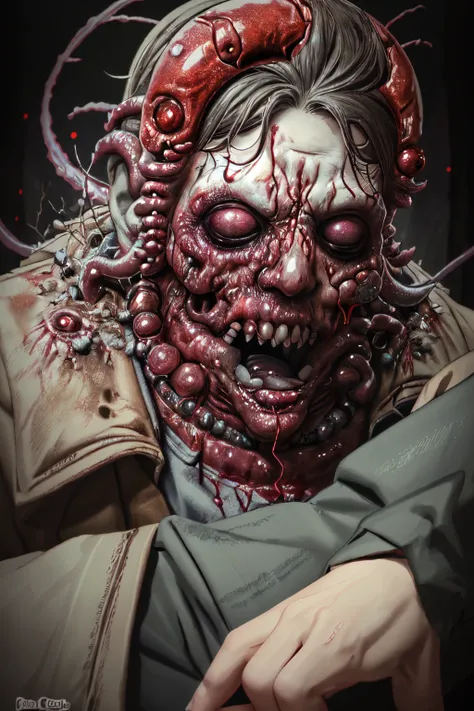 reelhorror,<lora:reelhorror2:1.1> creature, humanoid, dismembered body, spider legs, vertical mouth, drooling, looking at viewer...