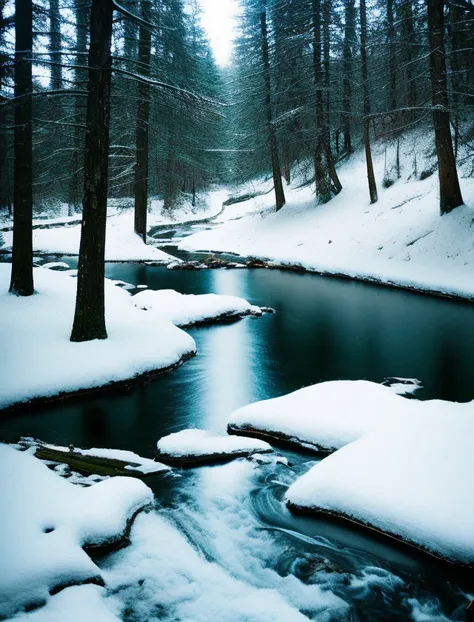 raw photo, kodak, film grain, forest, snow, river <lora:Analog Style Kodak v.1.01:0.9>