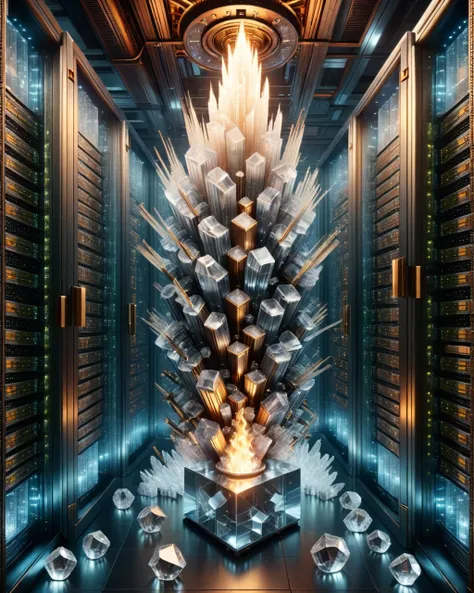 Steampunk style <lora:FF-Style-Dall-e-FFusion-Surrealism:1> a server room with crystals in it, in realistic data center, extream...