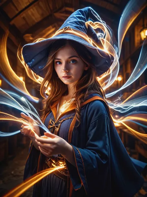 ral-exposure, Long exposure photo of a young woman, ((wizard outfit)), epic scene, dynamic camera, backlight, (close up:1.2), hi...