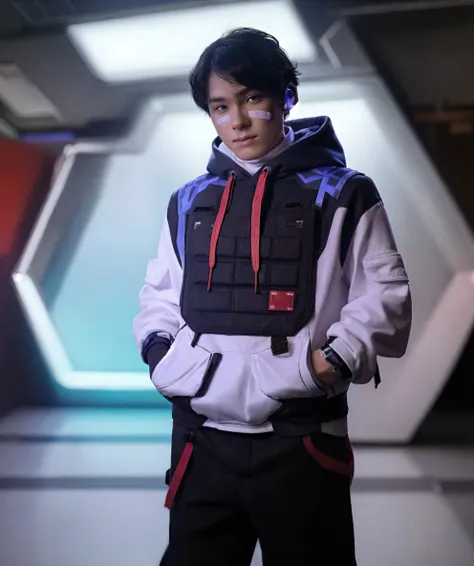 iso_valorant, standing, looking at viewer, jacket, hoodie, long pants, bandaid on face, short black hair, sci-fi base, base <lor...