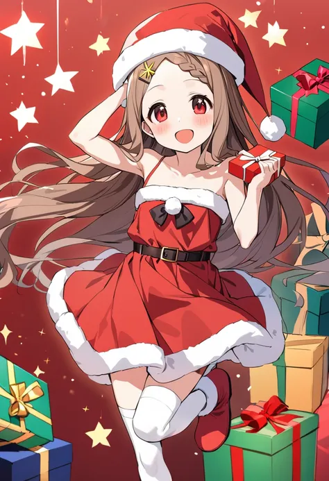 1girl, aoba kokona, solo, thighhighs, santa hat, white legwear, open mouth, red eyes, gift, braided bangs, hairclip, brown hair,...