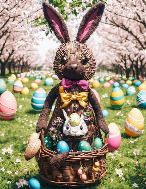 masterpiece, awesome quality, hyper detailed, DonMCr0wB4r male  easter bunny, anthropomorphic rabbit, colorful eggs, festive clo...