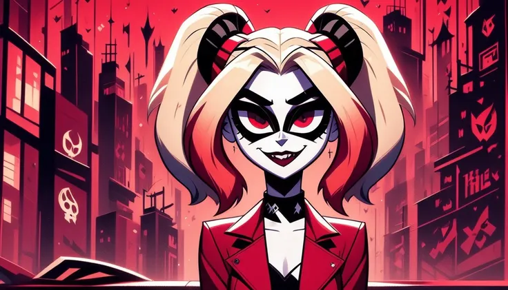 HazbinStyle, assymetric, a cartoon character in a red suit and black shoes, Harley Quinn
