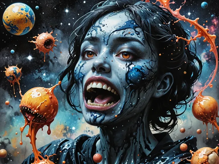 japanese ink drawing,drawing dripping with ink,horror-themed space-themed surrealism,(ral-dent style),surrealist concept art,ana...
