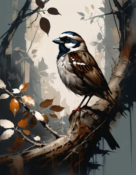 Sparrow in a treetop. Rococo pattern. in a hyperdetailed approach akin to the works of Russ Mills, Alan Lee and Eric Canete, fea...