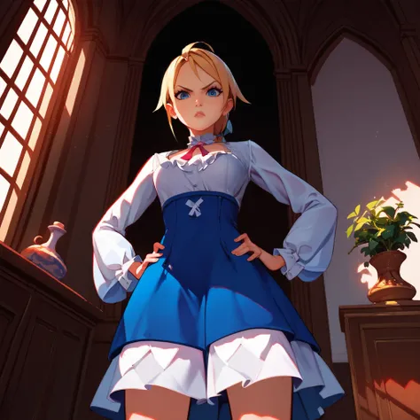 1girl,solo focus,from below,looking down,looking at viewer,<lora:Eu (9):1>,eureka,full dress,looking at viewer,angry,pout,pouty ...