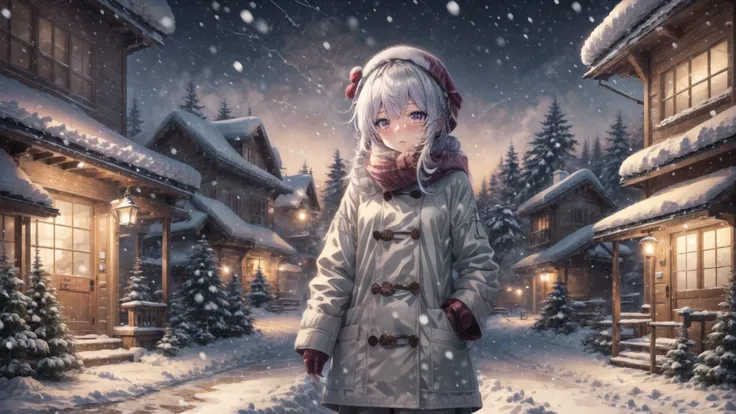 anime artwork 1girl, looking at viewer, snow, snowing, night, winter clothes, <lora:snowbound:0.8>, snowbound, high quality, hig...