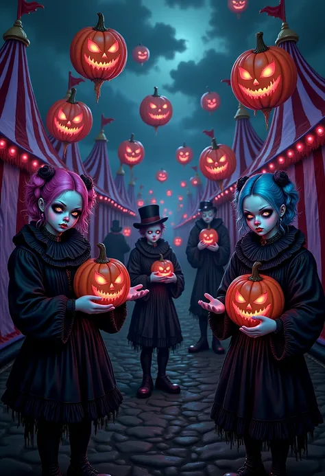 A pastel goth circus at twilight, where eerie clowns with soft, pastel-colored hair  and black outfits juggle glowing jack-o-lan...
