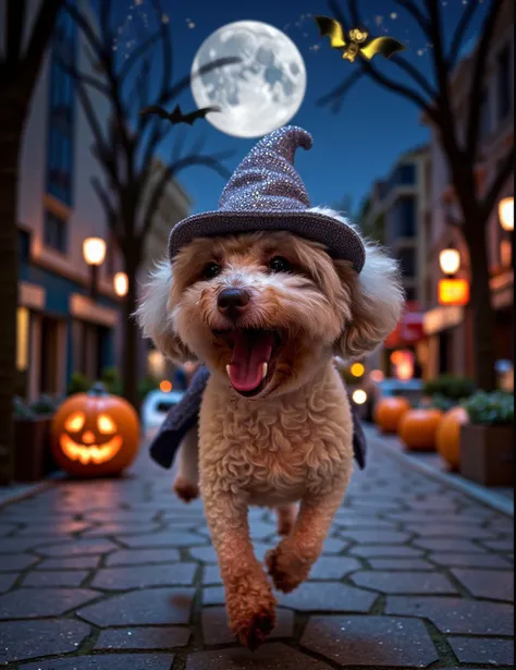 aidmaMJ6.1,a small cream poodle dancing joyfully on a moonlit street, reminiscent of the enchanting dance sequences in "La La La...