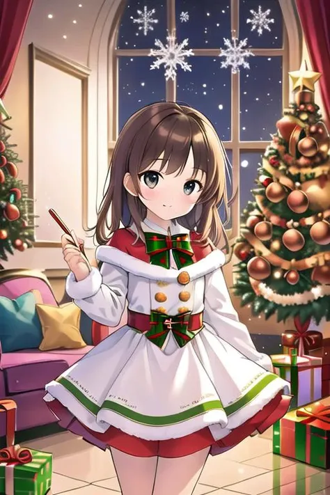 masterpiece,ultra detail,best quality,,girl,living room,stove,carpet,present box, petite,christmas,christmas tree,night,illumina...