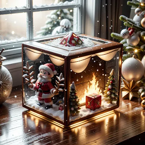 (window:1.2), (gift wrapping:1.1), snowglobe, (cube:1.5), ChristmasDecorativeStyle, centered, 8k, F2.8, RAW Photo, ultra detaile...