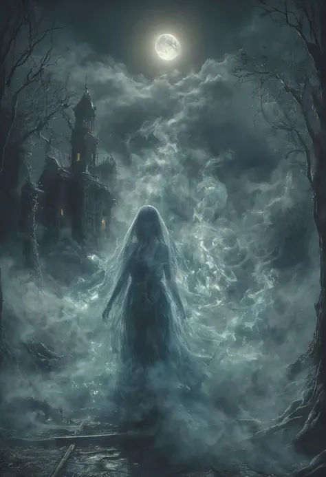 Haunted House Hijinks: Picture a haunted house, a large house, haunted mansion with a staircase leading to it, ghosts in the win...