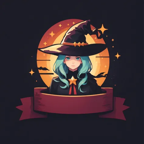 (masterpiece, best quality:1.15), (ribbon logo:1.3), witch hat, starry sky, flat color, gradient background