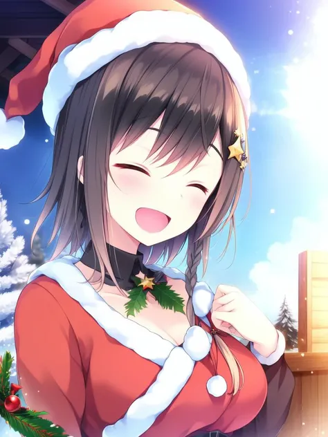 <lora:Sonoya_Chika:0.8>, SonoyaChika, 1girl, soro,  star_hair_ornament,   hair_ornament, black_hair,  bangs, closed eyes,  open ...