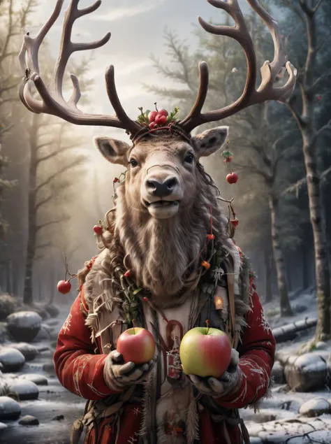 Captured with the Canon EOS 5D Mark IV, this image features an anthropomorphic reindeer Holding a giant apple,  <lora:Anthropomo...
